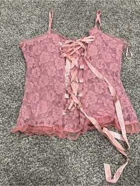 Oh Yes Plus Pink Lace Lined Femme XXL Cami Top Ribbon Tie Coquette Tank Y2K